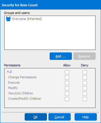 This image is the Security dialog box where  security is assigned to Groups and Users.  Various types of security such as Execute, Modify, View/List Children, and Create/Modify Children can be specified.